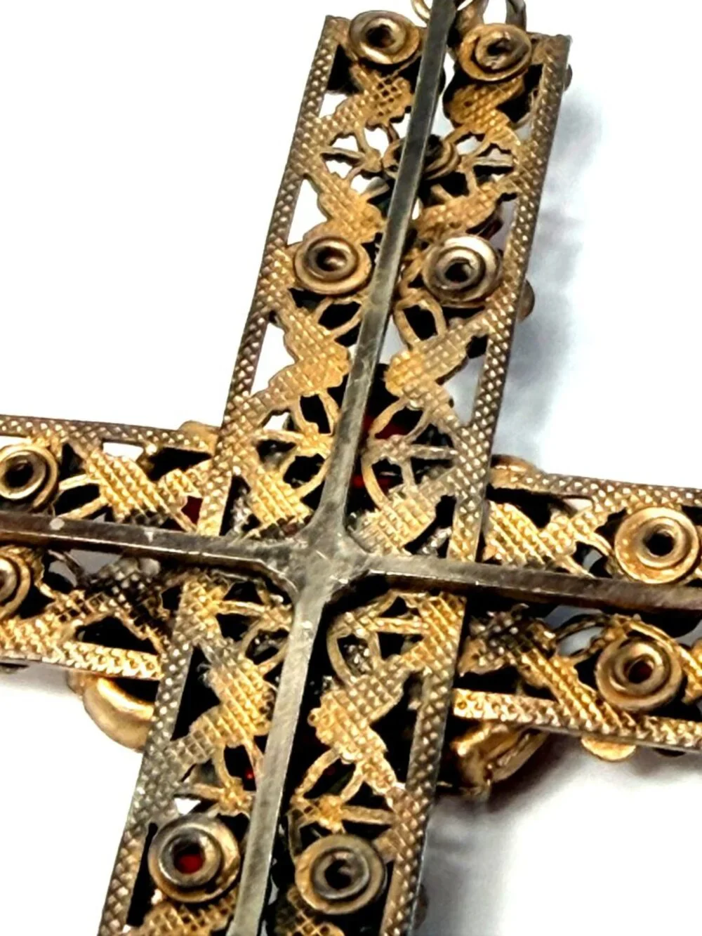 Large Vintage Red Rhinestone Cross Pendant Filigree Brass Czech Gothic Estate 4" - Picture 7 of 8